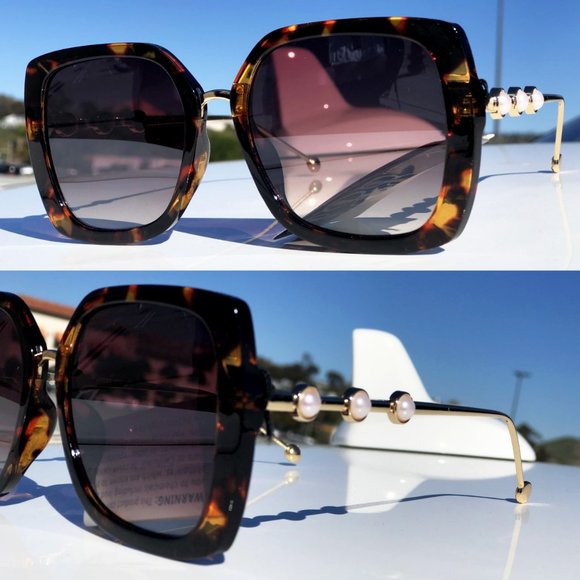 NEW Classic Pearl Accent Skinny Metal Leg UV Protection Oversize Sunglasses - Picture 5 of 11